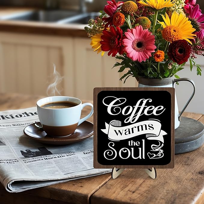 Coffee Bar Sign Plaque, Vintage Café Decor for Kitchen, Rustic Farmhouse Cafe Accessories, Themed Wall Sign for Home - Coffee Warms the Soul - Gift Idea (Black&Brown4, 5.9x5.9inches)