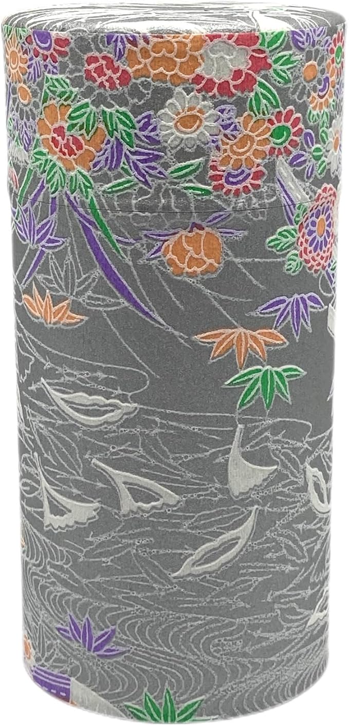 Japanese Tea Canister Tin Waterside Flowers Silver Color/Double Lid/Japanese Washi Paper Pasted /200g Tea Capacity/Loose Leaf Tea Storage/Storage Container with Lid