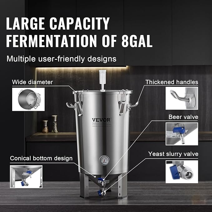 VEVOR Fermentation tank 8 Gallon Stainless Steel Beer Brew Fermentor Brew Bucket Fermentor for Home Brewing with Conical Base Brewing Equipment