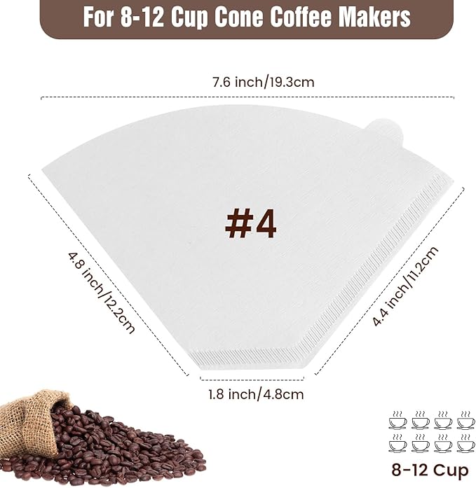 200Pcs Cone Coffee Filters #4, Clinuse White Size 04 Coffee Filters 8-12 Cup, Disposable Natural Paper Filters, No.4 Cone Filters Compatible with Ninja, Cuisinart, Pour Over and Drip Coffee Maker