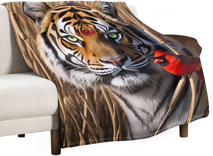 Beautiful Tiger Redbird Feather Fur Super Soft Throw Blanket, Red Cardinal Flannel Fleece Decorative Throw for Sofa Couch Bedroom Decor Outdoor Use 40"x50"