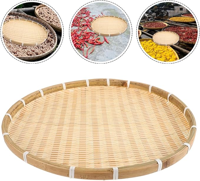 GANAZONO 16 Inch Bamboo Round Tray Woven Basket for Food Serving and Drying Handmade Bamboo Sieve for Kitchen Home and Party Use