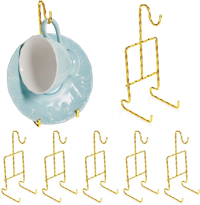 8 Pieces Tea Cup and Saucer Display Holder Rack Metal Saucer Tea Cup Holder Display Coffee Mug Organizer for Plate Teapot 6.22 x 2.44 Inches (Rose Gold, Spiral Style)