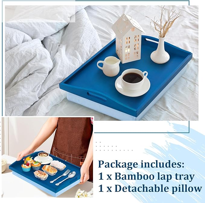 Tioncy 1 Piece Bamboo Lap Tray with Detachable Pillow 16.9'' x 13'' Lap TV Trays Desk with Handles for Adults Eating in Recliner Breakfast Housewarming Gift (Blue)