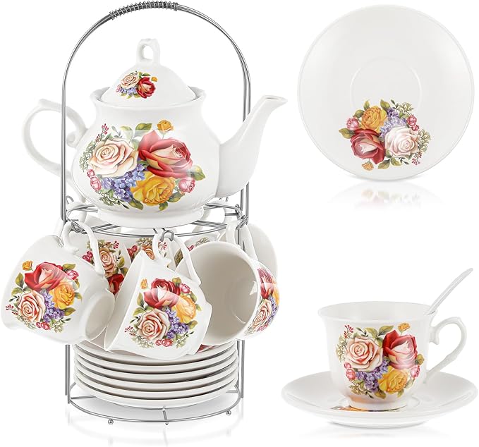 Zhehao 20 Pcs Porcelain Tea Set with Metal Holder and Spoon Adult Ceramic Tea Set European Flower Painting Teapot Cup Saucer Spoon for Women, Large Version (Floral Style)