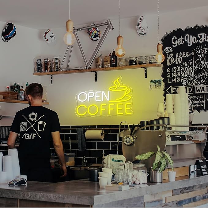 Open Coffee LED Neon Sign for Shops, Home Coffee Bar Essential, Espresso Stations, Front Window, Nook Decors,10-Level Brightness Adjustable, Neon Light Sign 17Inch,Warm White and Yellow for Mother's Day Décor Gifts