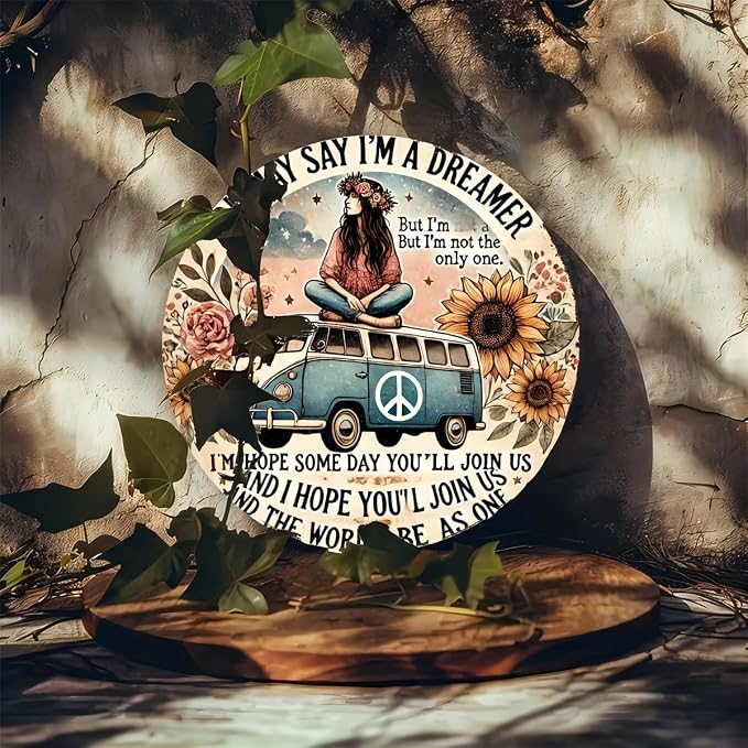 Hippie Van Round Aluminum Sign "Dreamer" Quote Wall Art Decor, Retro Floral Peace Bus Home Decoration, Funny Tin Plaque for Kitchen, Restaurant,Garage - 1 Piece Vintage Engraved 7.8 Inch - Image 5