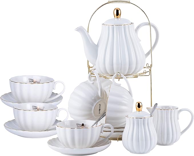 Jusalpha Serve for 6- Fine China White Coffee Cup/Teacup Set, 8 OZ Cups& Saucer, with Teapot-Sugar Bowl-Cream Pitcher Teaspoons and tea strainer for Tea/Coffee (White, Serve of 6)