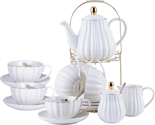 Jusalpha Serve for 6- Fine China White Coffee Cup/Teacup Set, 8 OZ Cups& Saucer, with Teapot-Sugar Bowl-Cream Pitcher Teaspoons and tea strainer for Tea/Coffee (White, Serve of 6)