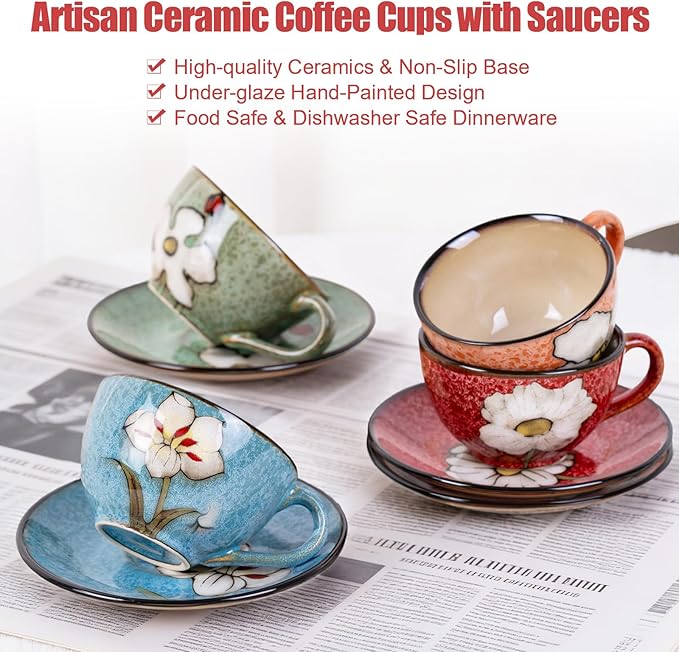 8 Oz Floral Porcelain Cappuccino Cups with Saucers Set of 4, Stoneware Tea Coffee Mugs for Home Kitchen & Office, Dishwasher Microwave Oven Safe, for Espresso, Latte, Americano, Milk & Tea, Mix