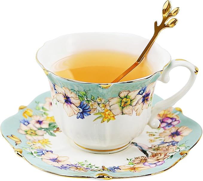 Country Roses Porcelain Tea Cup and Saucer Set with Gold Trim, Vintage Style, For Women and Tea Parties (1, Light Cyan)