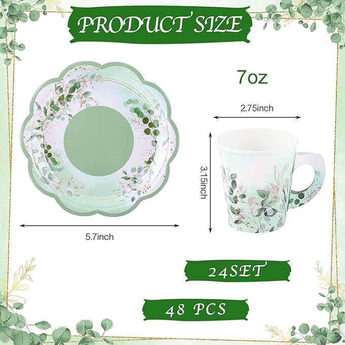 24 Sets Tea Party Cups 7 OZ Disposable Paper Tea Cups with Handle and Plates Teacups and Saucer Sets for Baby Bridal Shower Wedding Birthday(Sage Green)