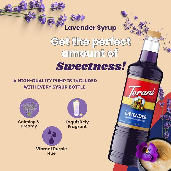 Torani Lavender Syrup 1 Liter Bottle with Pump – Premium Floral Flavoring with Pure Cane Sugar & Natural Ingredients for Coffee, Lattes, Cocktails, Lemonade, Desserts & More - Image 6