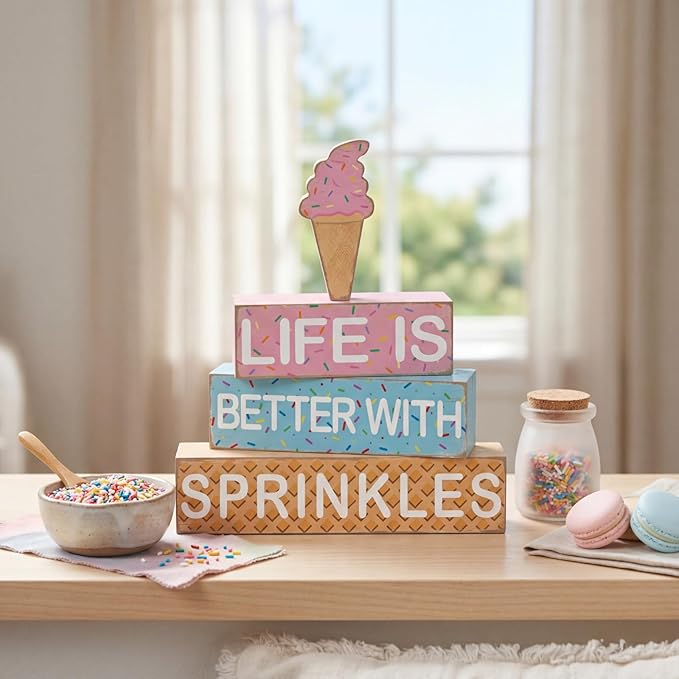 Geelin 4 Pieces Summer Ice Cream Table Wooden Decorations Ice Cream Wood Sign Centerpiece Home Decor Bar Party Decorations Blocks Tiered Tray Table Top Sign for Home