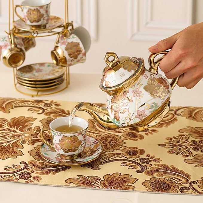 CHANJOON Gold Plated Red Rose Ceramic Tea Set, Vintage Tea Sets with Teapot, Beautiful Tea Set Coffee Serving 6 People (pink, Medium)