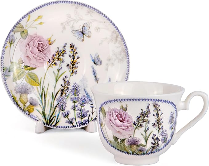 STP GOODS Bone China Tea/Coffee Cup and Saucer in Gift Box Fine Bone China Coffee Cup with Saucer Tea Cup and Saucer Set of One (Lavanda)