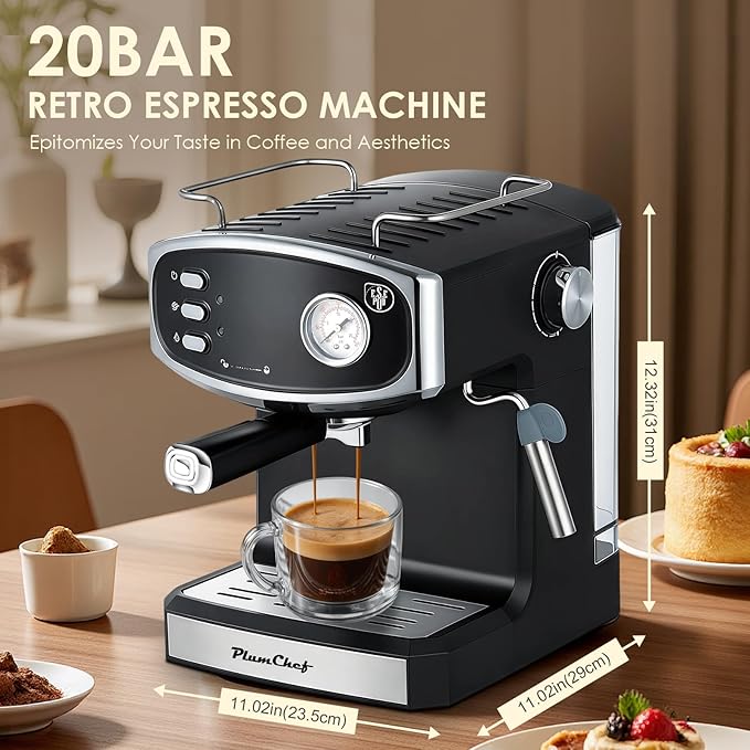20 Bar Espresso Coffee Maker for Home - Professional Compact Coffee Maker witn Steam Wand Milk Frother, Pressure Gauge, 54oz Tank - Low Noise Fast Brew for Cappuccino, Latte,black