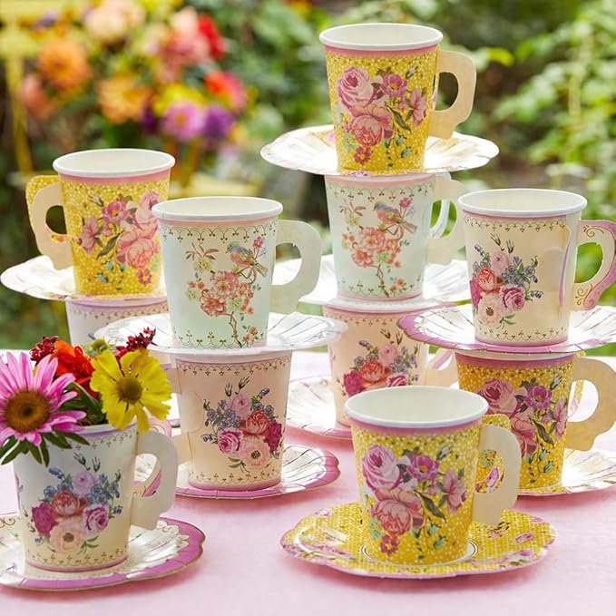 Talking Tables 24 x Vintage Floral Paper Tea Cups & Saucer Set, Disposable Tea Cups for Easter, Afternoon Tea Parties, Bridal Shower, Mothers Day, Wedding, Birthday, Birthday Party Decorations 7 oz