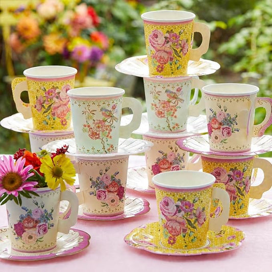 Talking Tables 24 x Vintage Floral Paper Tea Cups & Saucer Set, Disposable Tea Cups for Easter, Afternoon Tea Parties, Bridal Shower, Mothers Day, Wedding, Birthday, Birthday Party Decorations 7 oz
