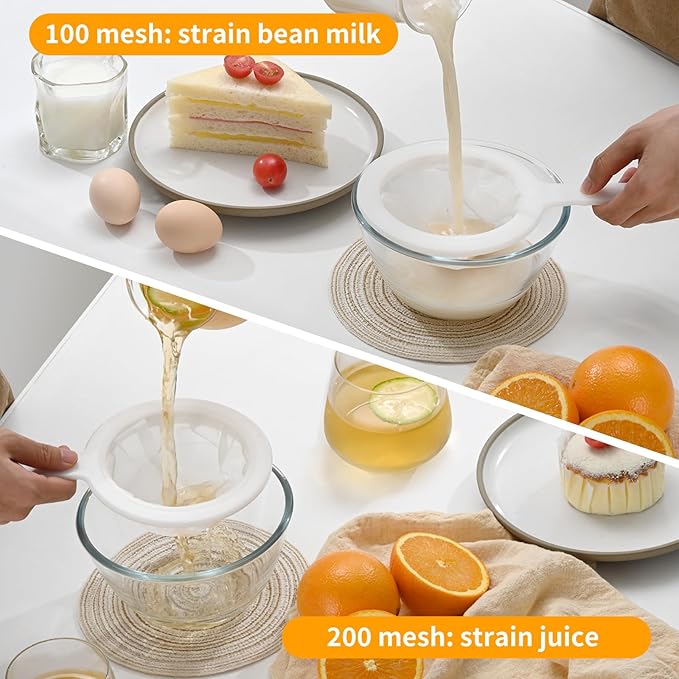 Premium Multi-Mesh Strainer Set, Nylon and Plastic Fine Mesh Sieve, 100/200 Mesh, 2 Pack, for Tea, Coffee, Nut Milk, Juice, Broth, Smoothies