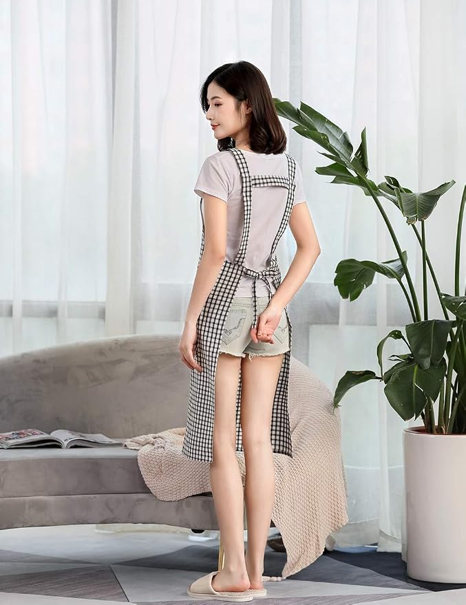 NEWGEM 100% Cotton Cute Plaid Apron with Pockets - Korean Style H-Back Cat Pinafore for Kitchen Cooking, Housewife (Black/White Cat) - Image 4