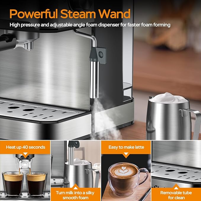 20 Bar Professional Espresso Machine with Milk Frother, Dual Shot, ESE Pod Compatible, 54 OZ Removable Water Tank for Home Barista (Silver Black)