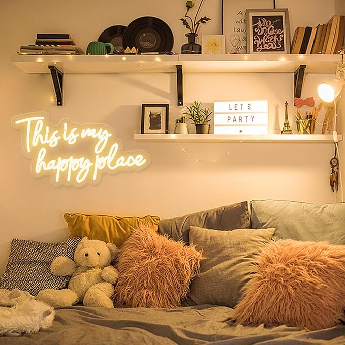 This is My Happy Place Neon Sign, Warm White Neon Lights for Wall Decor, Happy Place Signs for Wall Decor, USB Dimmable Led Light Up for Bedroom Classroom Man Cave Home Bar