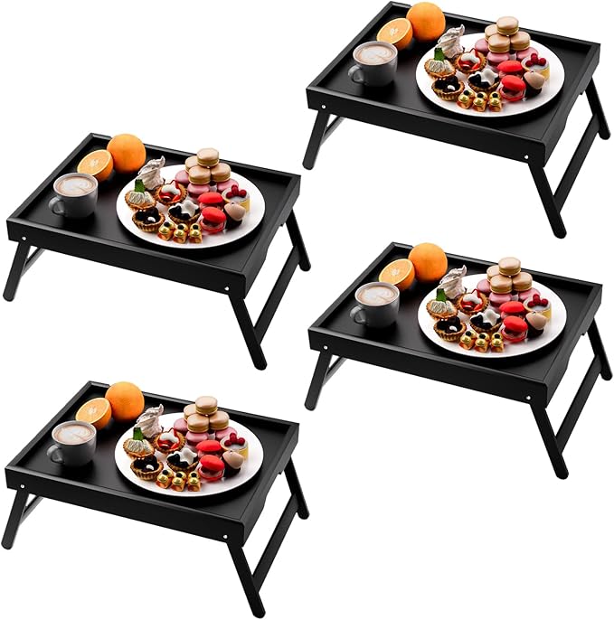 4 Pack Bamboo Bed Tray Table with Folding Legs,Breakfast Trays,Serving Tray,Laptop Trays for Working,Food Snack Tray for Bed and Sofa(Black)