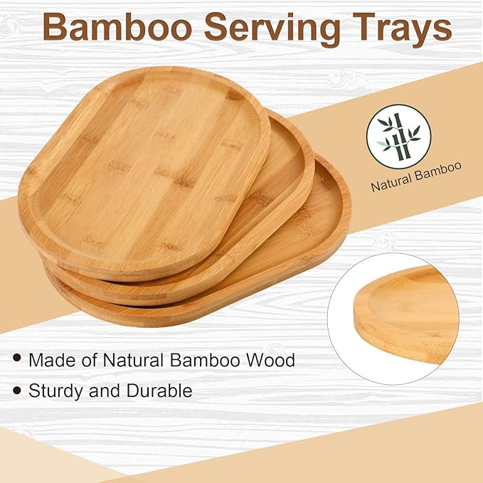 Tanlade 4 Pieces 12 x 7.5 Inch Wooden Serving Tray, Oval Rustic Wood Trays for Crafts Large Decorative Wooden Serving Platter for Tea Coffee Table Food Kitchen Dessert Veggie (Bamboo)