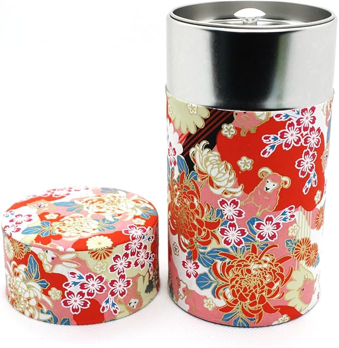 Japanese Pokkan Matcha Coffee Spice Tea Tin Canister Washi Paper Storage with Lid 7.05 oz Capacity (Eto)
