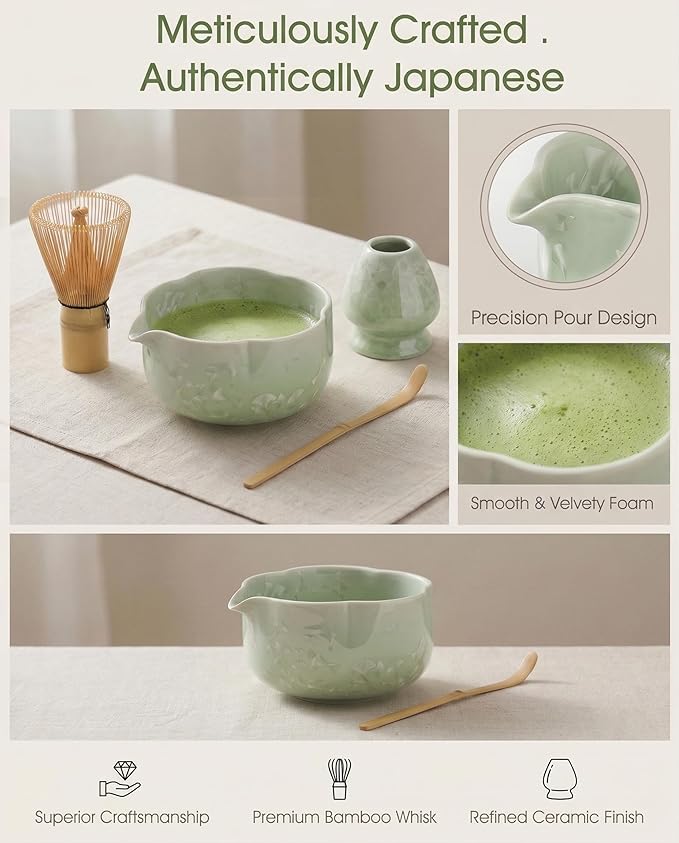 Matcha Whisk Set, 4-Piece Matcha Kit with Ceramic Matcha Bowl, Bamboo Whisk, Whisk Holder, scroop - Complete Matcha Tea Set Perfect for Beginners & Matcha Lovers Light Green
