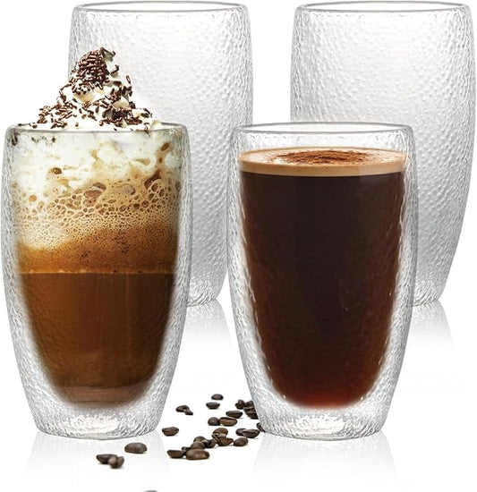 Double Wall Glass Coffee Mugs Set, Clear Insulated Glass Mugs for Hot Beverages, Suitable for Tea, Latte, Espresso, Cappuccino (15oz(4-pack))
