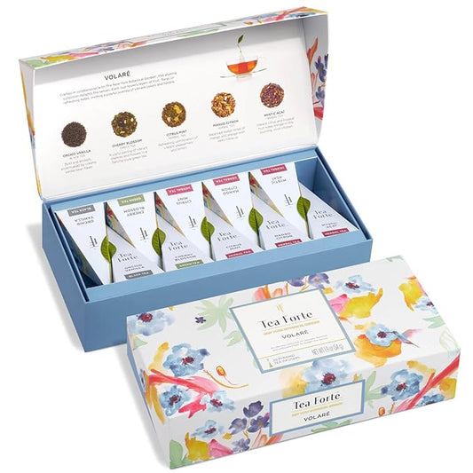 Tea Forte Premium Petite Presentation Box Gift Set Sampler, 10 Count, 2 of Each Blend Individually Wrapped Handcrafted Pyramid Infuser Bags, Volare
