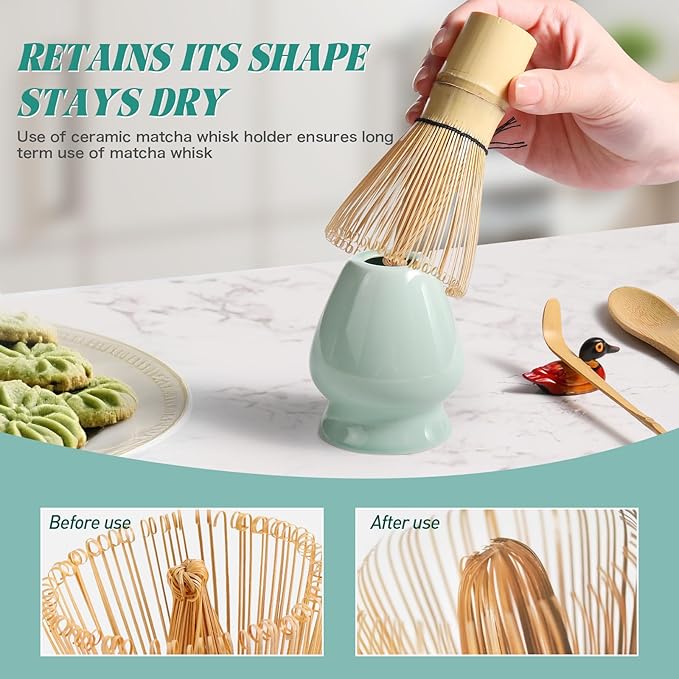 Matcha Whisk Set: Matcha Set with Bamboo Matcha Whisk and Ceramic Holder,Bamboo Scoop+Wooden Spoon,Scoop Holder,Sifter - Cute Matcha Tea Set - 6 Pcs Matcha Kit - Tools for Matchas Ceremonial Grade Kit