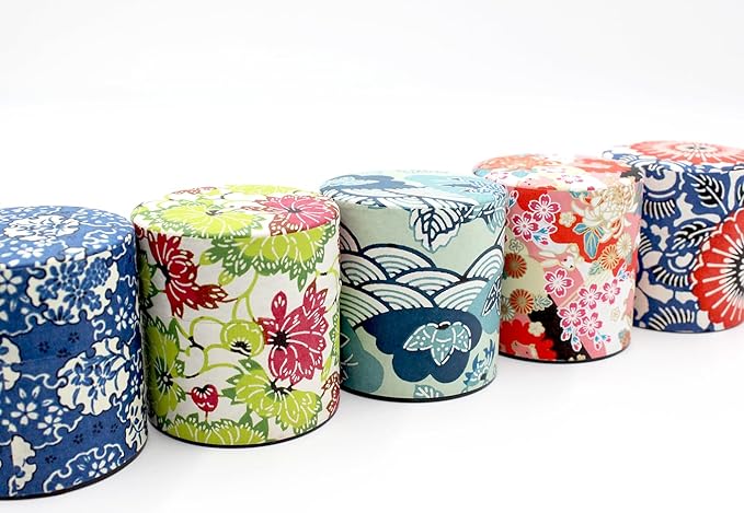 Japanese Pokkan Matcha Coffee Spice Tea Tin Canister Washi Paper Storage with Lid 7.05 oz Capacity (Eto, S)
