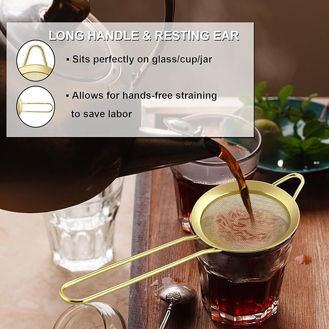 Fine Mesh Strainer Set of 2, E-far 3.3 Inches Stainless Steel Tea Strainer with Long Handle, Small Conical Mesh Strainers Sieve for Cocktail Coffee Food, Rust Proof & Easy to Clean(Gold)