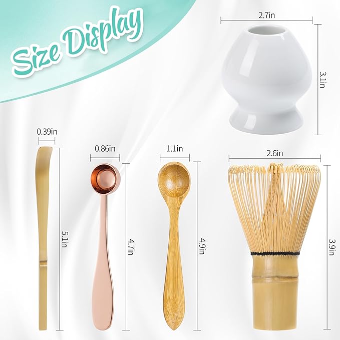 Modern Matcha Whisk Set - Bamboo Chasen - Rose Golden Stainless Steel Spoon - Bamboo Chashaku (Scoop) - Perfect Matcha Kit for Matcha at home (Whisk and stainless steel spoons and chashaku)