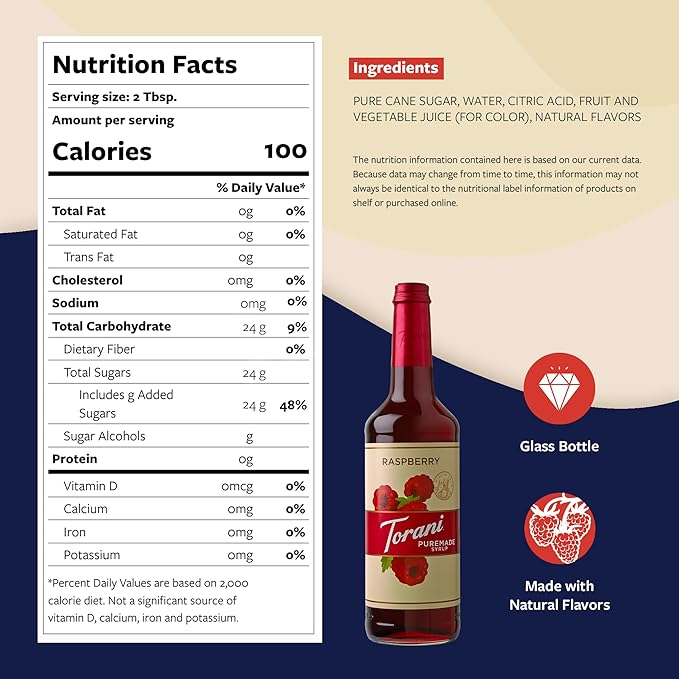 Torani Puremade Syrup, Raspberry Flavoring for Drinks, Glass Bottle with Pump Included, 25.4 Fl Oz