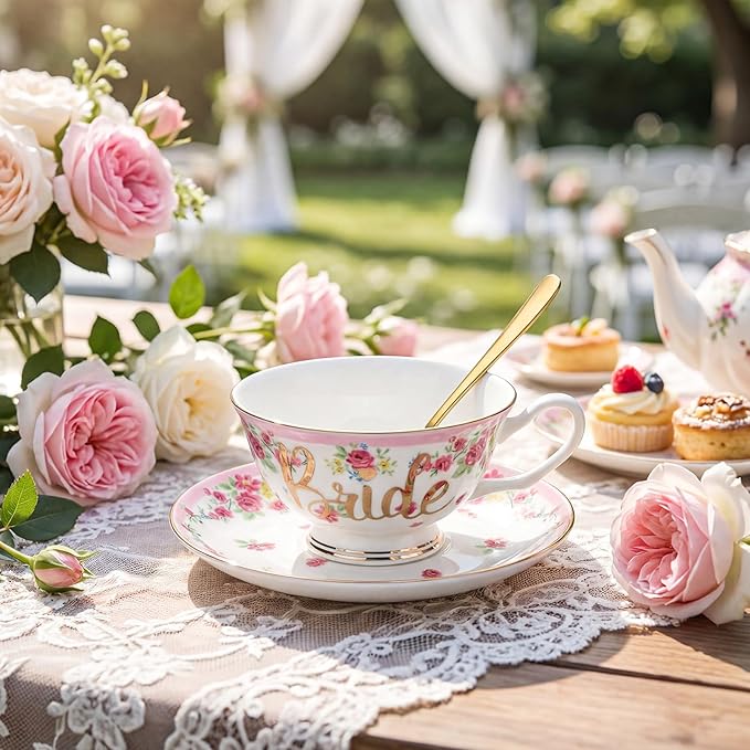 Rtteri Bride Teacup and Saucer Set 7oz Bridal Shower Teacup Porcelain Ceramic Tea Cups for Bridal Shower Tea Party Wedding Decor Victorian Elegant Coffee(Pink,Floral)