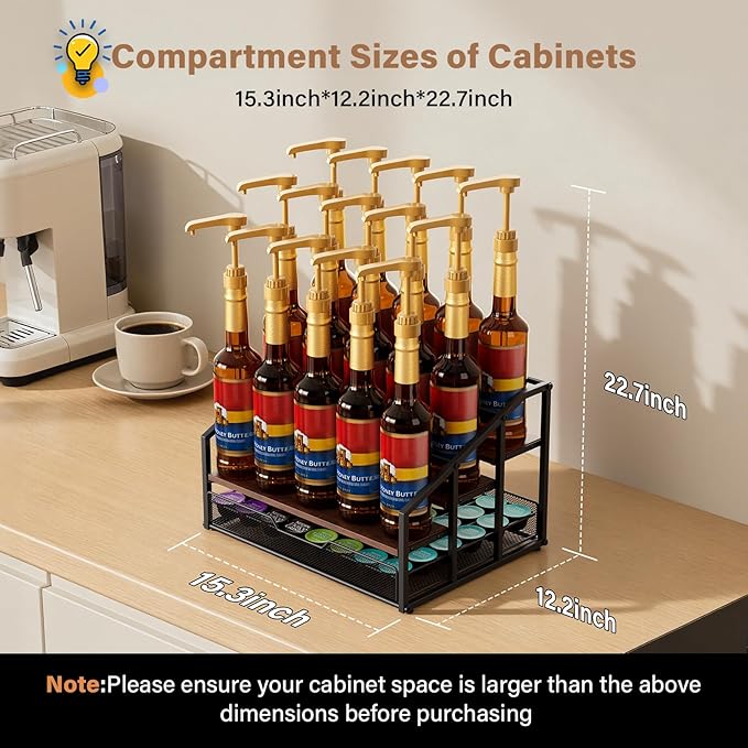 kimilus Coffee Syrup Rack Organizer, 4-Tier 12 Bottle Syrup Rack with 35 K Cup Drawer for Coffee Bar, Countertop Bottle Holder Stand for Dressing for Kitchen Cafe Station