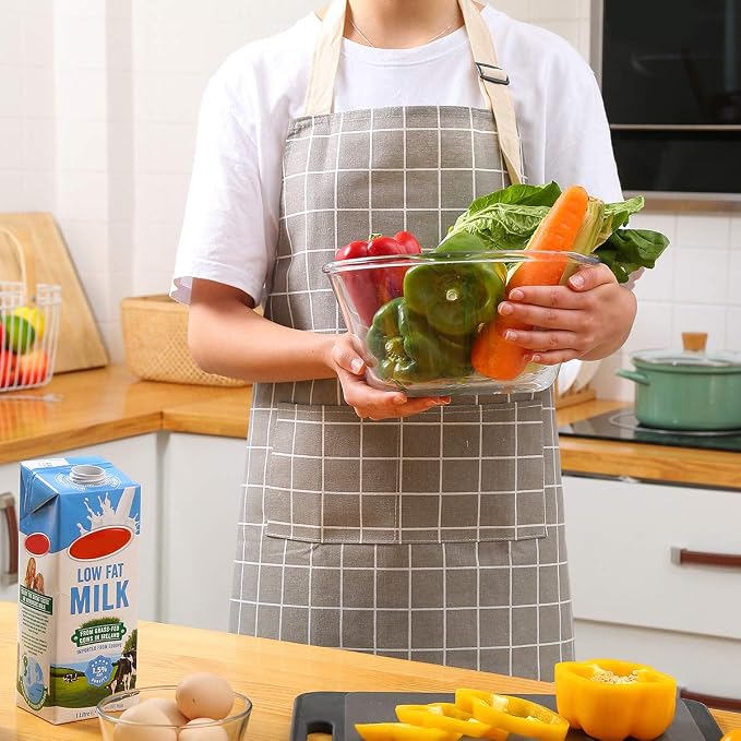 Tosewever 2 Pieces Cotton Linen Waterproof Bib Kitchen Apron with Pockets - Long Ties Adjustable Neck Strap - Unisex BBQ Cooking Drawing Crafting Aprons for Women Chef (Grey/Green, 2) - Image 9