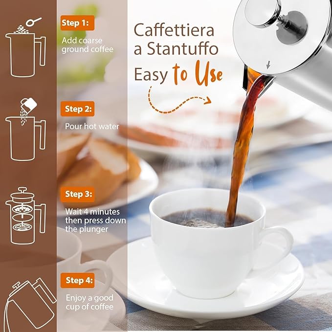 Miuly 21 oz Stainless Steel French Press 600ML Coffee Press with 3 Level Filtration System, Double Wall Insulated French Press with 2 Filters for Home or Office, Silver