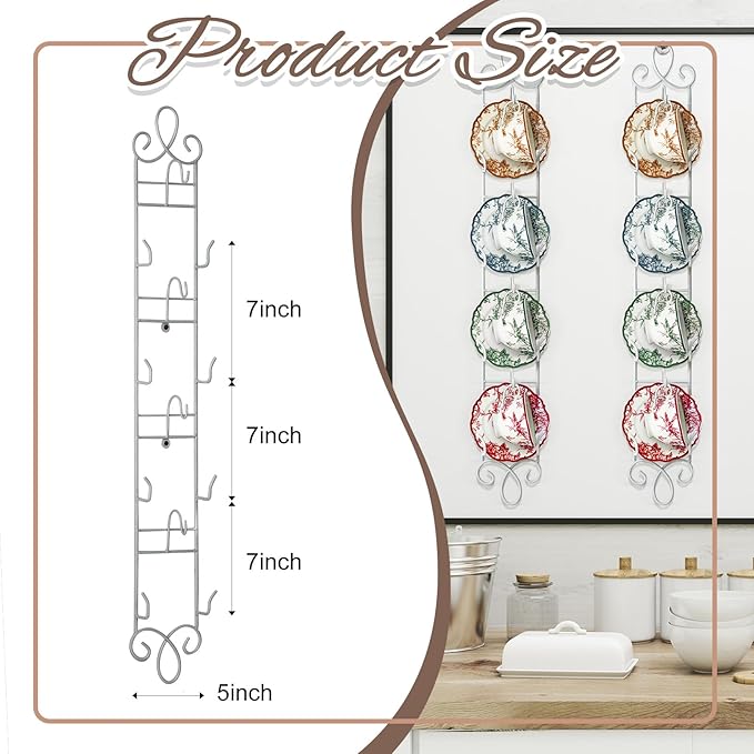 Blulu 2 Pcs Wall Mounted Tea Cup & Saucer Display Rack, 4-tier Metal Mug Holder with Plate Hangers, Decorative Wall Storage for Kitchen, Gift&Coffee Bar Display, 36'' x 5'' (White)