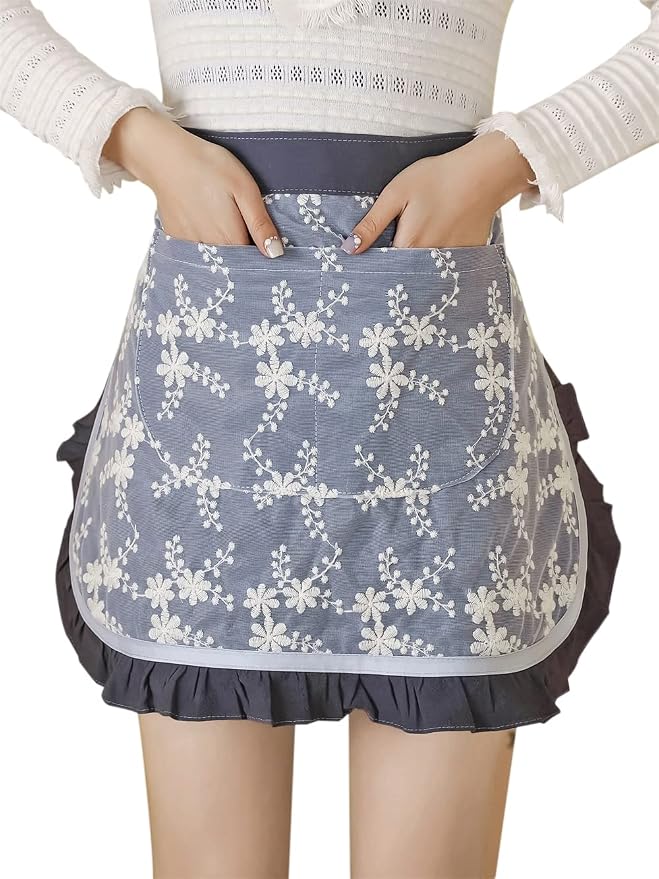 Unisex Chef Aprons White Retro Cotton Maid Short 2 Pockets Waist Waiter Waitress Half Apron by Caatoor