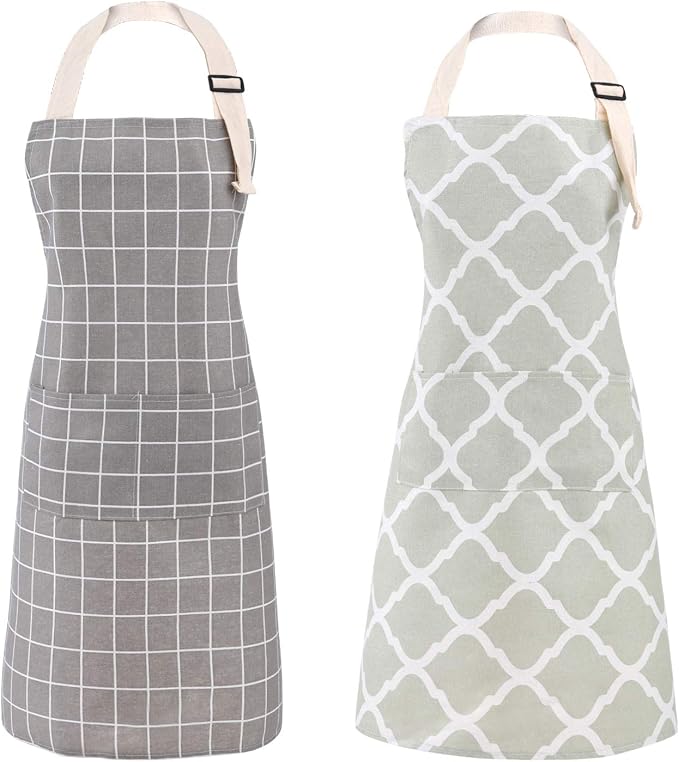 Tosewever 2 Pieces Cotton Linen Waterproof Bib Kitchen Apron with Pockets - Long Ties Adjustable Neck Strap - Unisex BBQ Cooking Drawing Crafting Aprons for Women Chef (Grey/Green, 2) by Tosewever