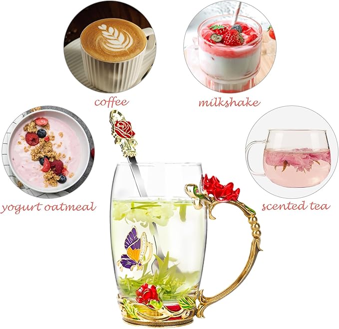 Flower Tea Cup ,Butterfly Rose Clear Glass Fancy Coffee Mug with Spoon,Gift Box for Her Mom Wife Grandma Girls Friends Valentines Christmas Birthday Present Idea for Juice,Hot And Cold Drinks Use