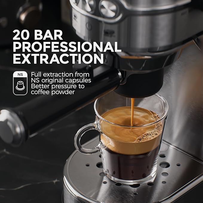20-Bar Espresso Machine & Coffee Machine – Compatible with N Espresso Capsule & Coffee Ground,Stainless Steel Milk Frother – 34 oz Espresso Cup - Latte Machine & Cappuccino Machine