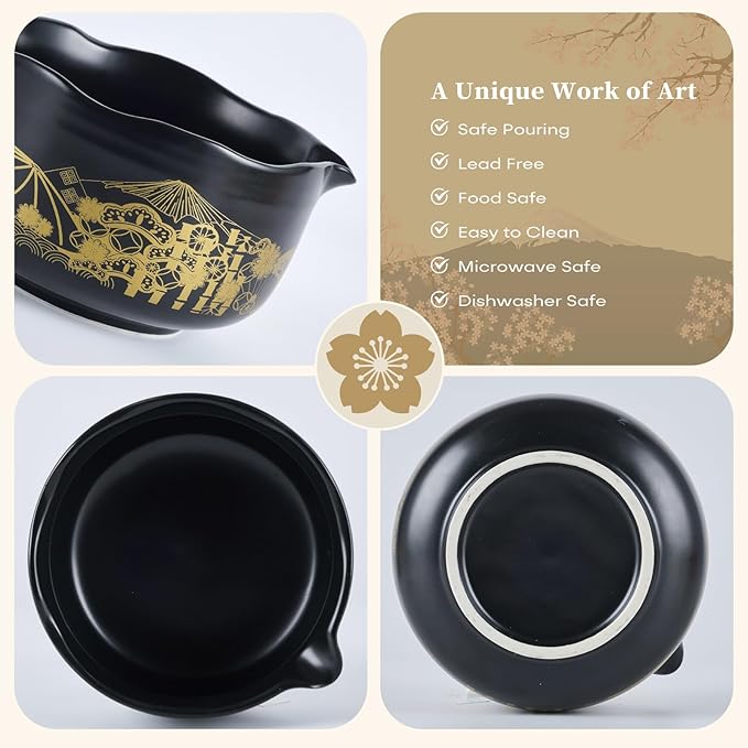 Matcha Whisk Set and Bowl Kit Black and Gold, Japanese Ceremonial Matcha Tea Kit Making Tools Ceramic Bowl and Whisk Holder Accessories Gift Set for Women Friends
