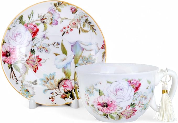 STP GOODS Bone China Tea/Coffee Cup and Saucer in Gift Box Fine Bone Tea Cup and Saucer Set of One,(Dream Garden)