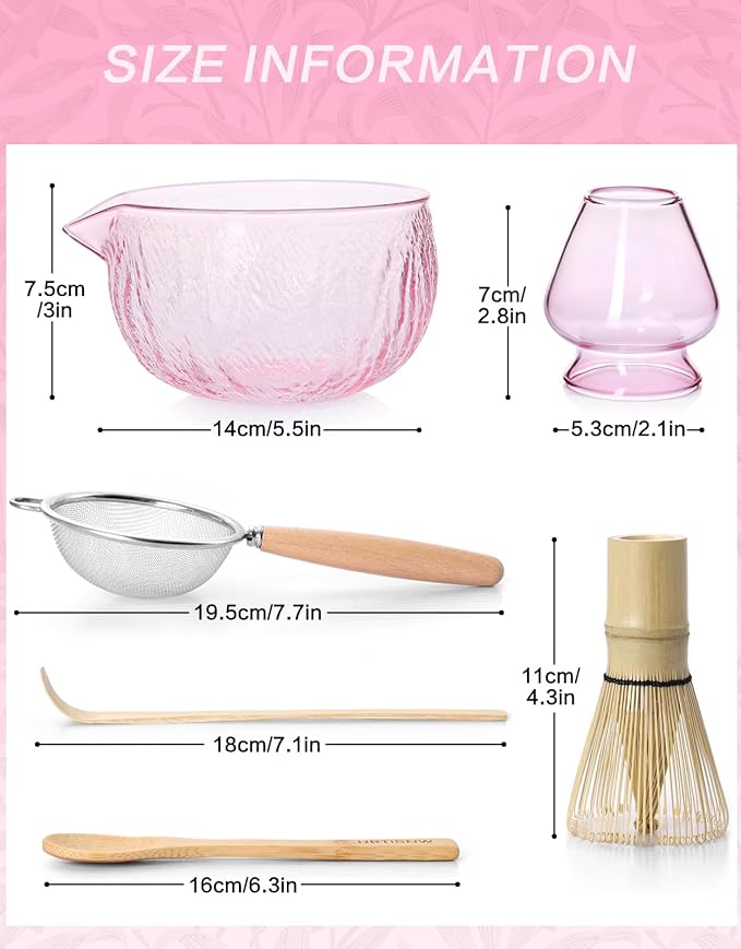 Matcha Whisk Set, 7 Pcs, Matcha Kit Includes Matcha Bowl, Matcha Whisk and Holder, Bamboo Scoop, Spoon, Sifter and Tea Towel, Matcha Set, Gift for Matcha Lovers & Beginners (Glass Pink)